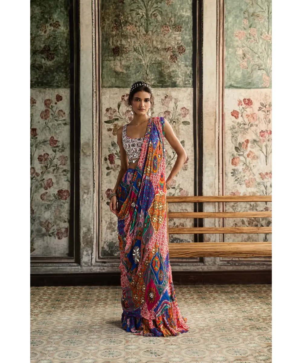DIYARAJVVIR - MULTI-COLOR PRINT AND HIGHLIGHTED SQUARE NECK BLOUSE WITH TIERED SKIRT SAREE SET